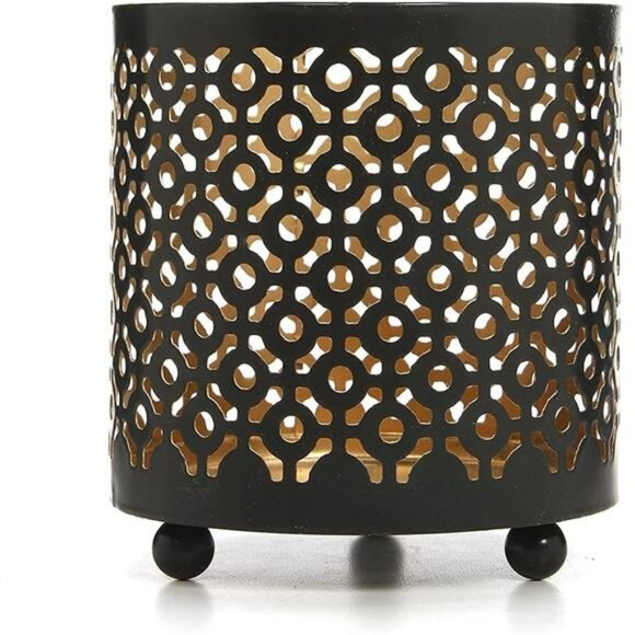 Black Metal Candle Holder Lantern Gold Interior Tealight Votive Home Decor - Picture 4 of 6
